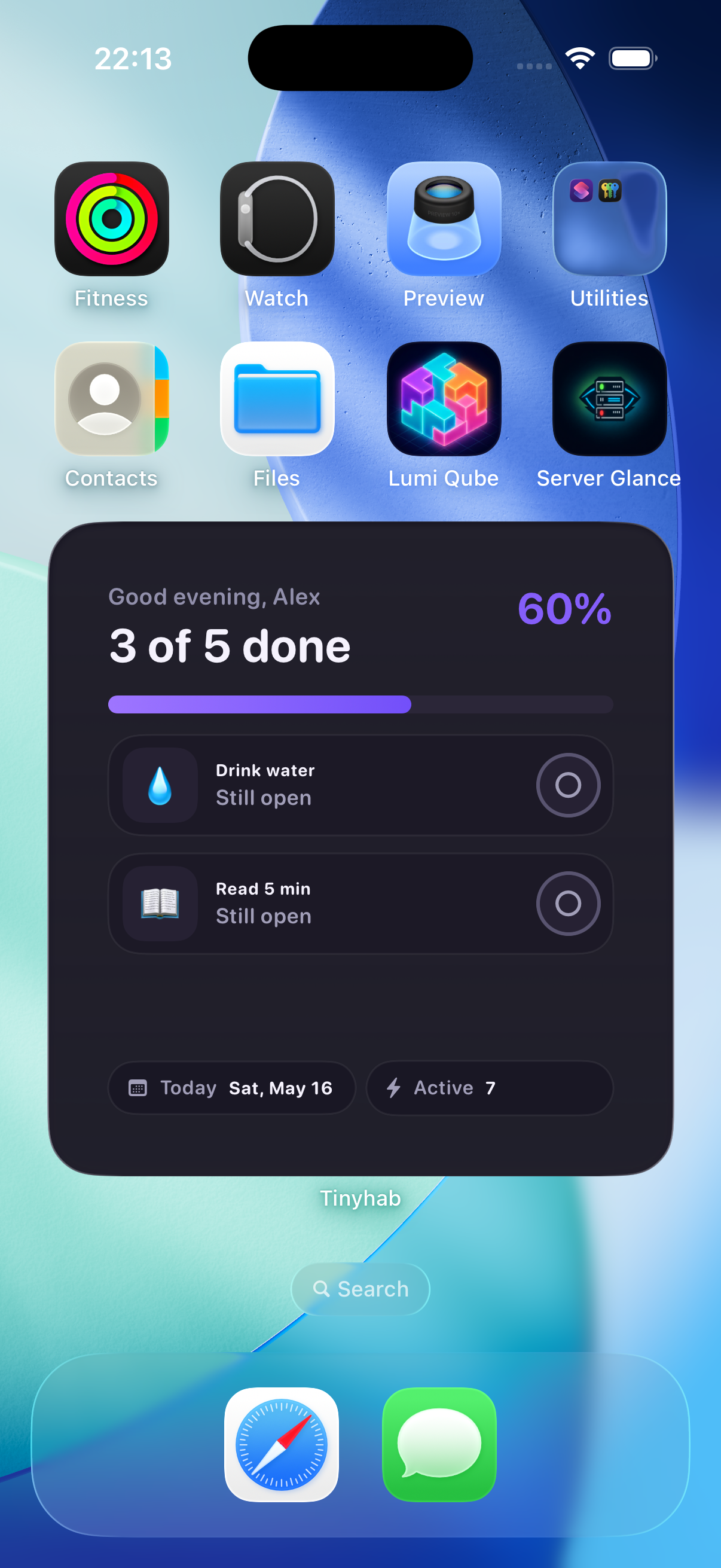 TinyHab large widget showing progress, habit cards, and active routine context.