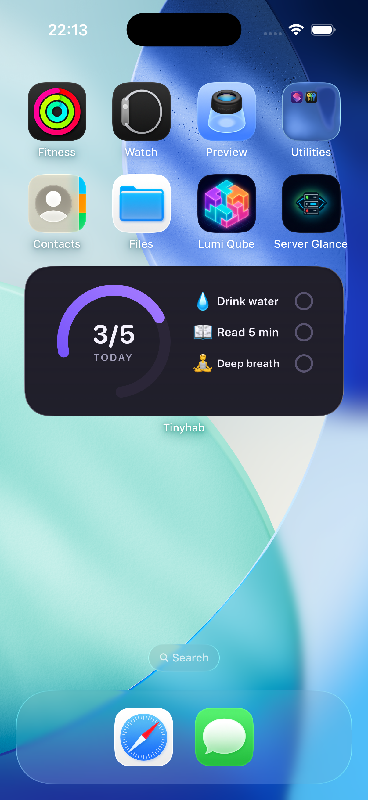 TinyHab medium widget showing today's progress with quick habit visibility.